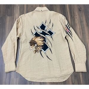 VTG Angelino Indian Skull Head big stitched graphic button up textured shirt M